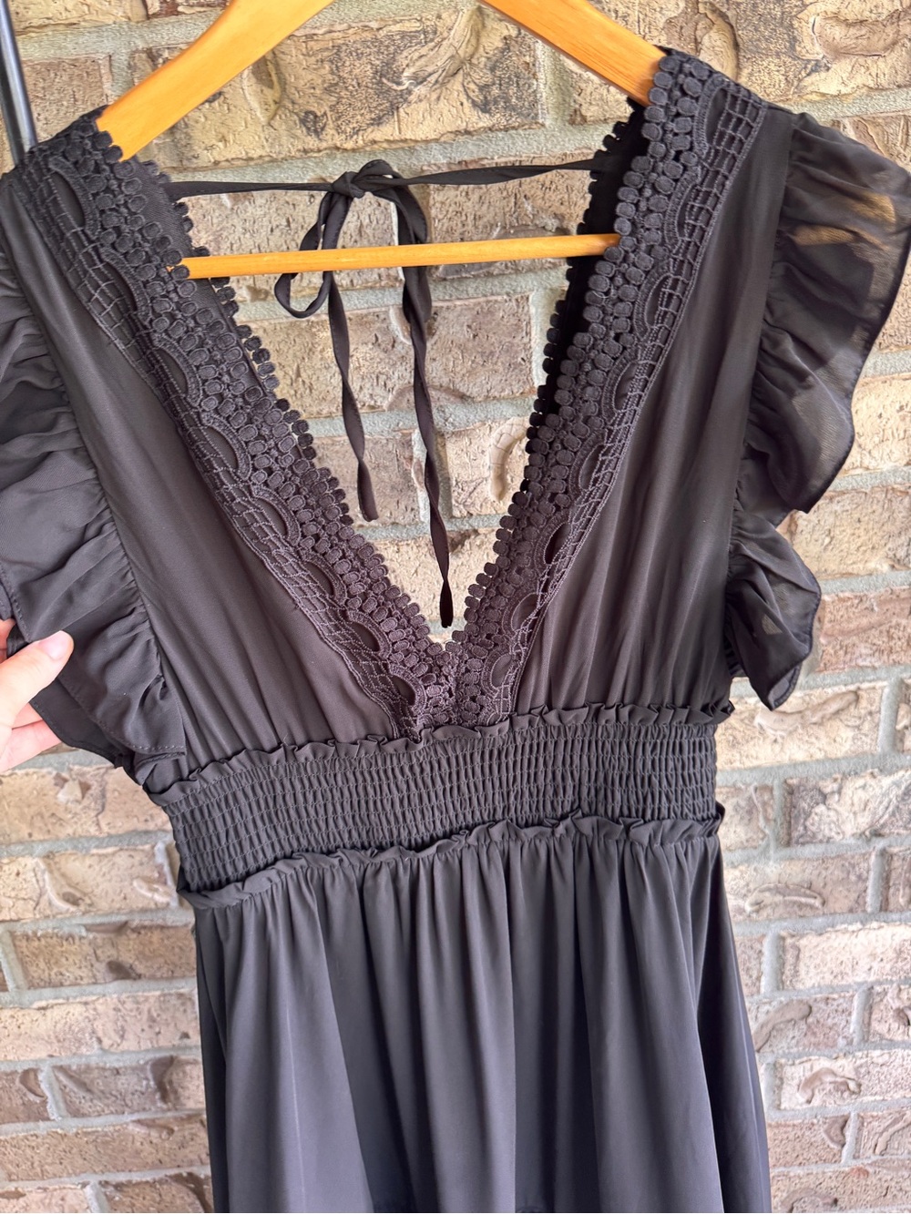 Baltic Born Jasmine Ruffle Maxi Dress Black Lace Trim Smocked Flutter Sleeve M - Picture 9 of 16